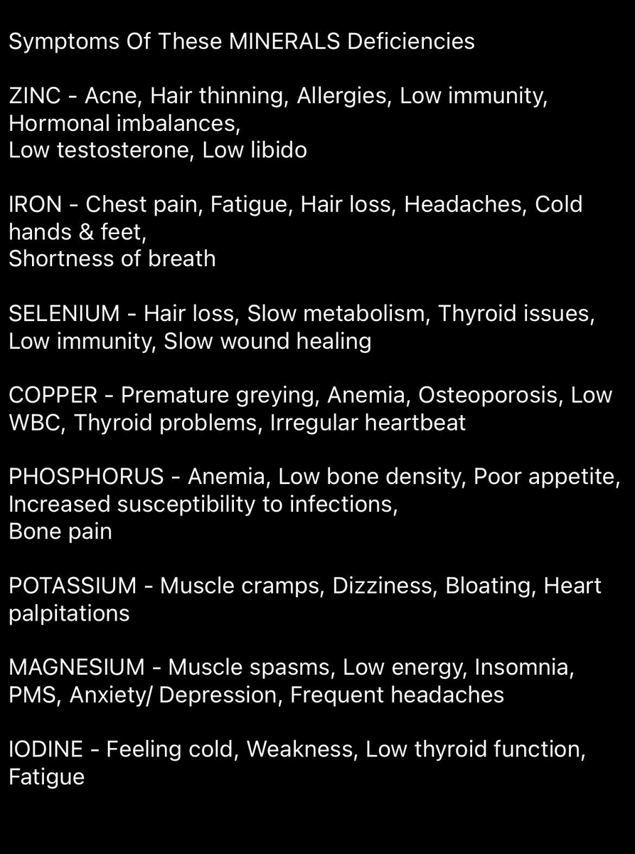 Gentlenmasc's tweet photo. Symptoms Of MINERALS Deficiencies

ZINC - Acne, Hair thinning, Allergies, Low immunity, Hormonal imbalances, Low testosterone, Low libido

IRON - Chest pain, Fatigue, Hair loss, Headaches, Cold hands & feet, Shortness of breath

SELENIUM - Hair loss, Slow metabolism, Thyroid issues, Low immunity, Slow wound healing

COPPER - Premature greying, Anemia, Osteoporosis, Low WBC, Thyroid problems, Irregular heartbeat

PHOSPHORUS - Anemia, Low bone density, Poor appetite, increased susceptibility to infections, Bone pain

POTASSIUM - Muscle cramps, Dizziness, Bloating, Heart palpitations

MAGNESIUM - Muscle spasms, Low energy, Insomnia, PMS, Anxiety/ Depression, Frequent headaches

IODINE - Feeling cold, Weakness, Low thyroid function, fatigue