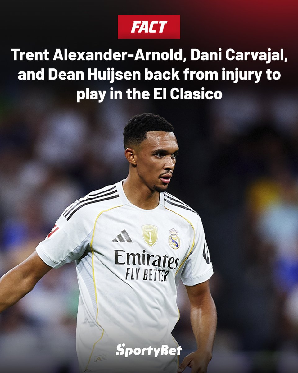 SportyBet's tweet image. 🔥 Defensive boost incoming for El Clásico!

Trent Alexander-Arnold, Dani Carvajal &amp;amp; Dean Huijsen are back in action — fit, fired up, and ready to lock it down.

Three elite reinforcements just in time for one of the biggest clash of the season. 💪⚔️ 
#ElClasico #GameO