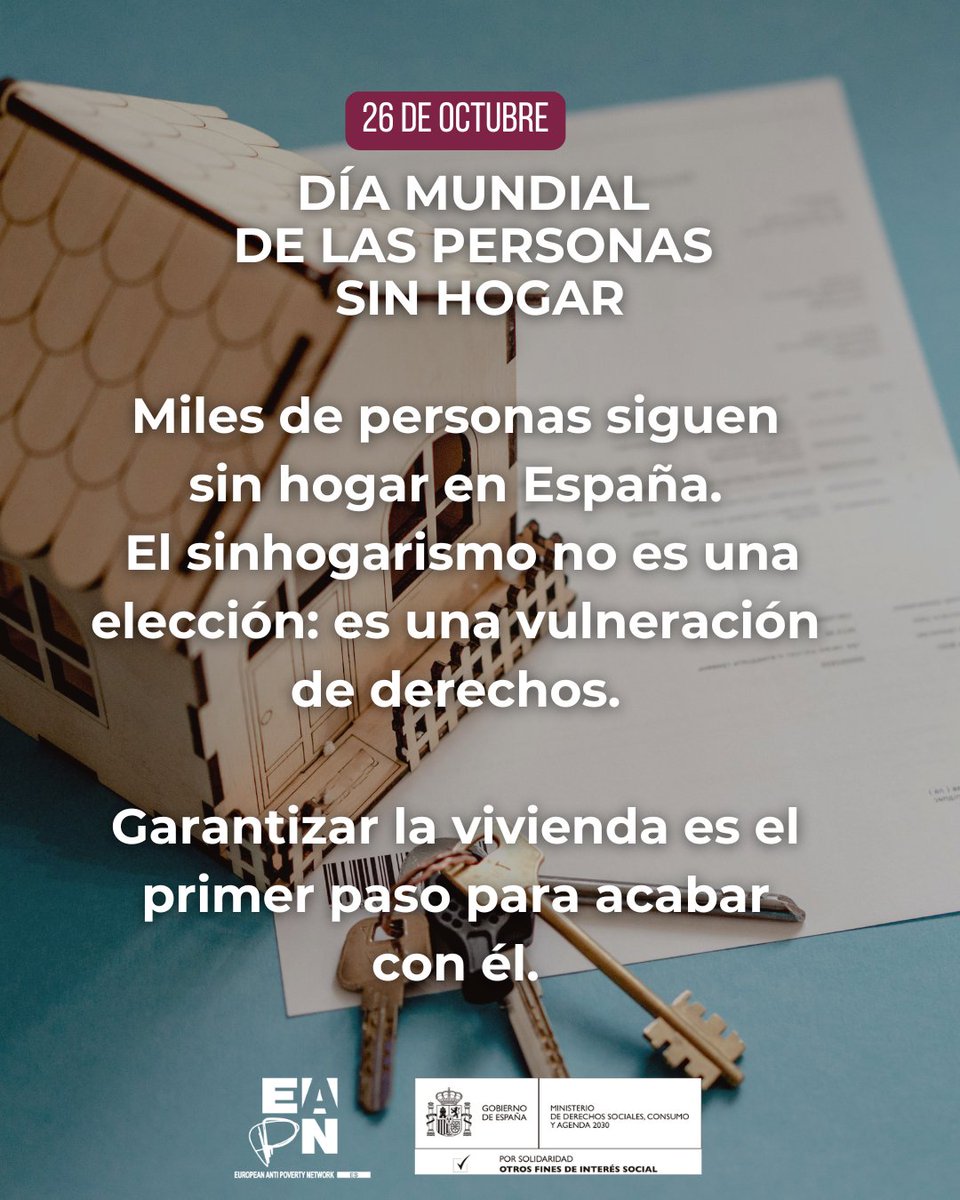 🏠 Miles de personas siguen sin hogar, según @hogarsi, 37.000 personas viven en la calle en España.
El #sinhogarismo no es una elección: es una vulneración de derechos.
Garantizar el derecho a la vivienda es el primer paso para acabar con él.

#DíaDeLasPersonasSinHogar #Vivienda