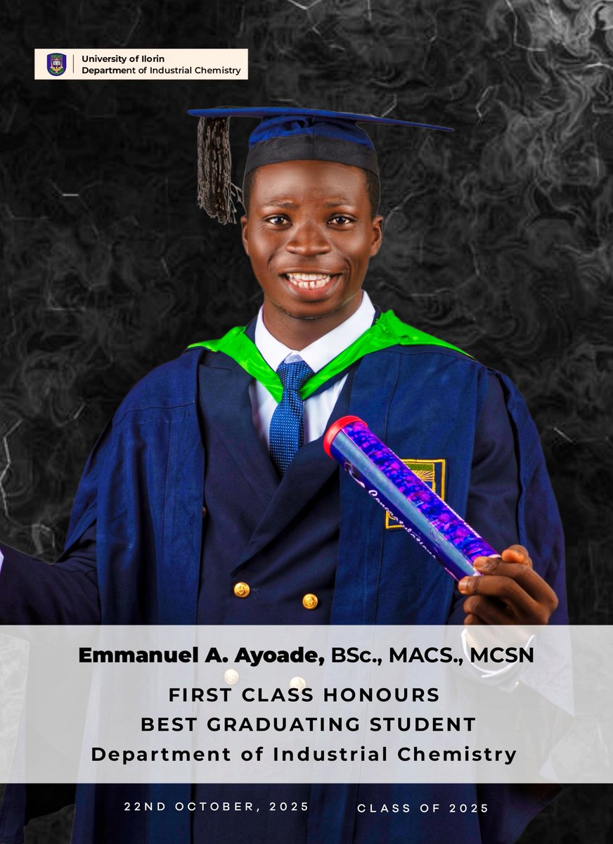 Temihma's tweet photo. To the glory of God!
Few days ago, I graduated from @UnilorinNGR with a first-class honors in Industrial Chemistry of the University.
(CGPA 4.86/5.00)
A lot of people to appreciate on this feat, God bless you all.
#40thConvocation
#UnilorinNGR
#50thanniversary https://t.co/1L96ShDO9M