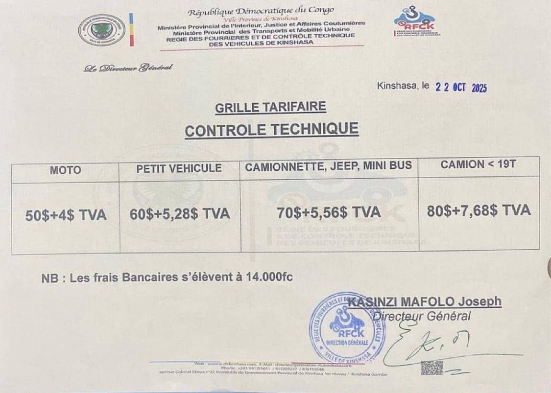 JCKibala's tweet image. #RDC : Le #contrôle #technique devenu une simple taxe déguisée ?

Ce qui devait être un outil de sécurité routière s’est transformé en un rituel administratif vide de sens :  
➡️ Vous payez,  
➡️ On vous remet une fiche,  
➡️ Aucun contrôle réel du véhicule.

❌ Pas d’inspection,…