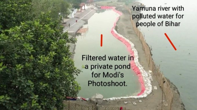 INCKerala's tweet image. A new fake ghat was made on the banks of Yamuna for Modiji's photoshoot. Cameramen are instructed to carefully shoot from the left, so it looks like Modiji is taking a holy dip in the Yamuna itself.
The Govt of India has truly mastered one art. The art of make-believe!