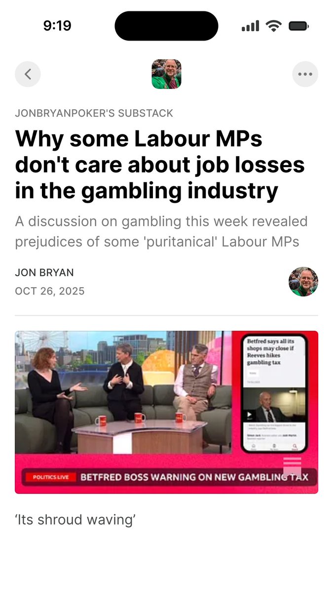 My thoughts on the discussion on gambling on <a href="/BBCPolitics/">BBC Politics</a> #PoliticsLive this week involving <a href="/Ella_M_Whelan/">Ella Whelan</a> <a href="/PollyBLabour/">Polly Billington for East Thanet</a> &amp; <a href="/Towler/">Gawain Towler</a> 
 
Why some Labour MPs do not care about job losses in the gambling industry
open.substack.com/pub/jonbryanpo…