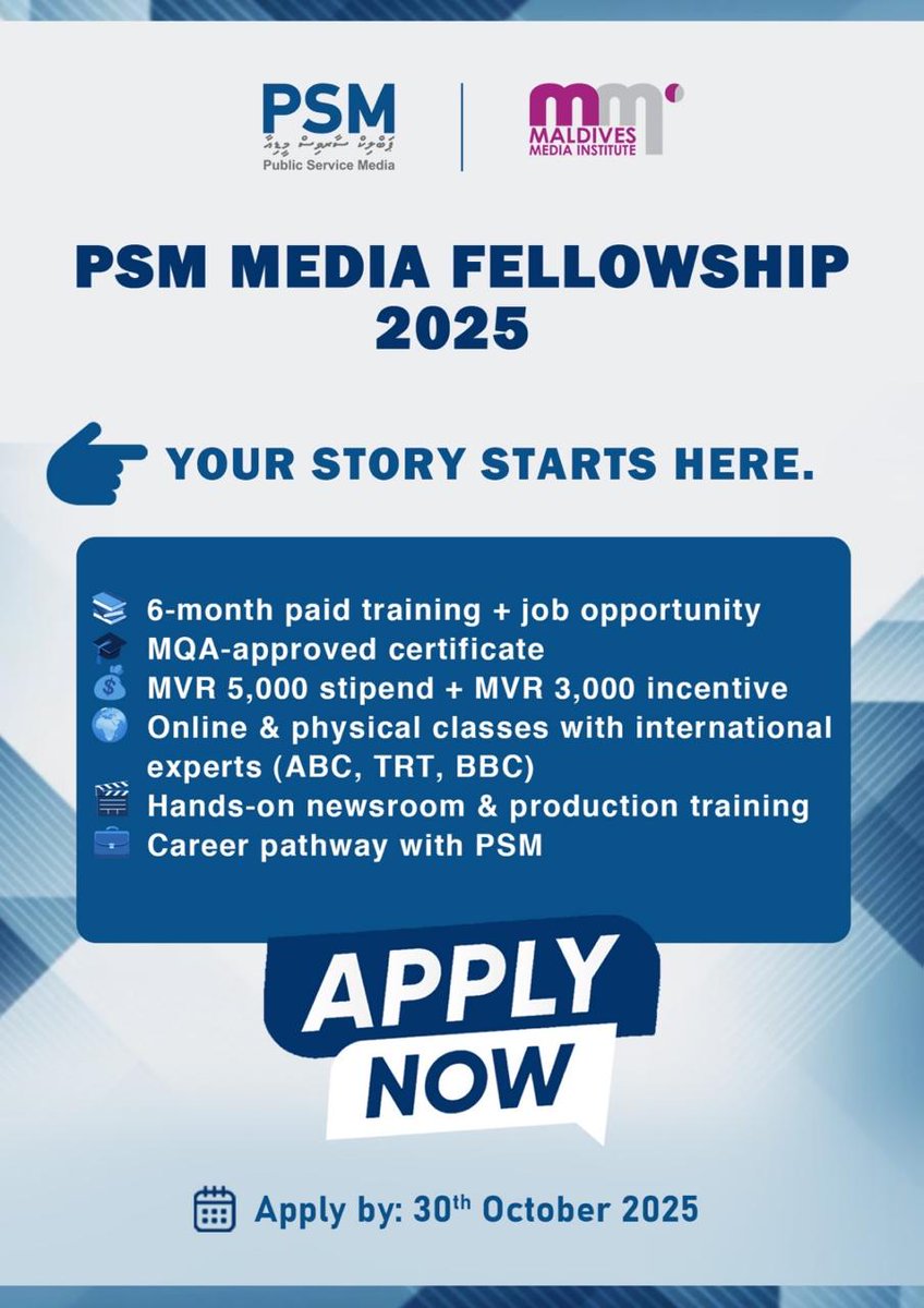 psm_mkt's tweet image. Apply Now for the PSM Media Fellowship 2025!

Be part of a program that inspires creativity, growth, and media excellence.

🗓️ Deadline: 30th October 2025
🔗 Apply here: psm.mv/careers