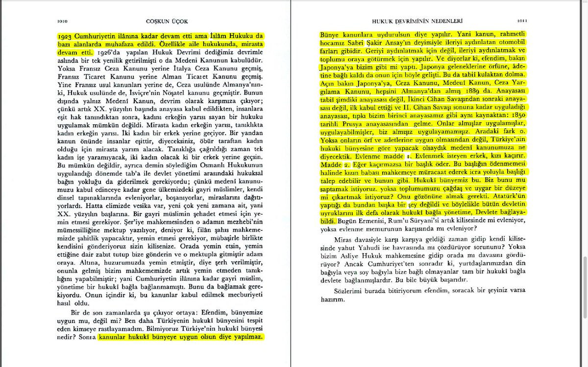 Şeriat ve Hukuk Devrimi konularında unutulan, unutturulan ya da üstü kasten örtülen gerçekler. 
Okuyunuz:  Prof. Dr. Coşkun Üçok, "Hukuk Devrimi'nin Nedenleri", Belleten, 20 Kasım 1988, Cilt: 52 Sayı: 204, ss. 1003 - 1012. dergipark.org.tr/tr/pub/ttkbell…