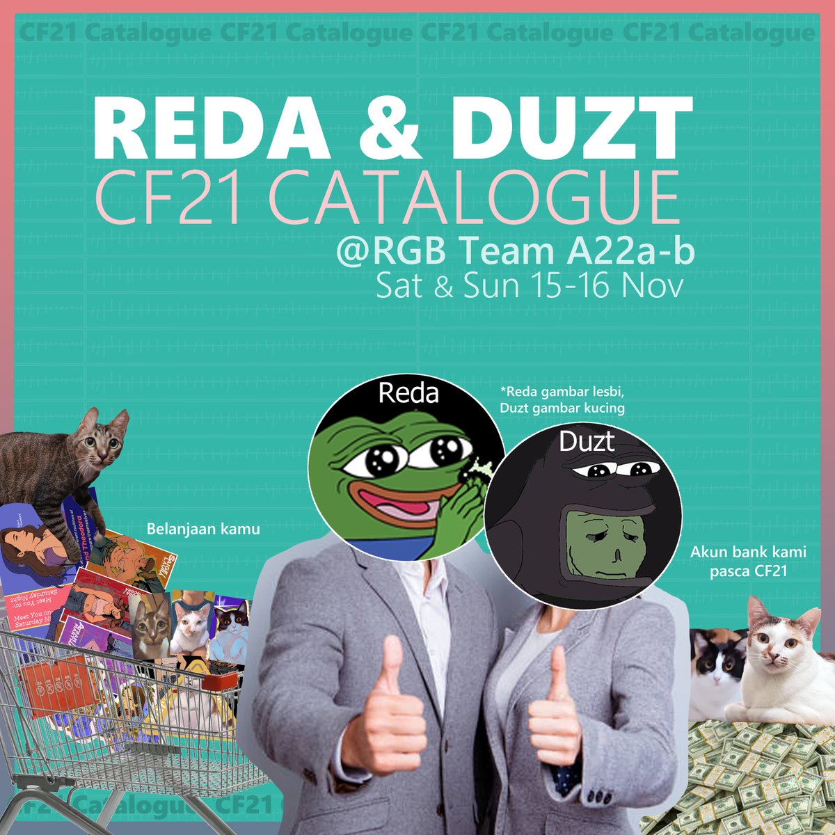 spoopybino's tweet image. [❤&amp;amp;🔁 appreciated!]

Hi, Reda &amp;amp; @sterduzt catalogue is ready for PO!
Kindly check it out, thank you💞

📅PO Period: 26 Oktober - 5 November
🛖Booth: RGB Team (A-22ab)
🙆‍♀️Original Character: GL/Yuri ♀️ &amp;amp; Kucing🐈
✨PO link: forms.gle/sZs8U5jP82Gvtm…

#cf21catalogue #CF21