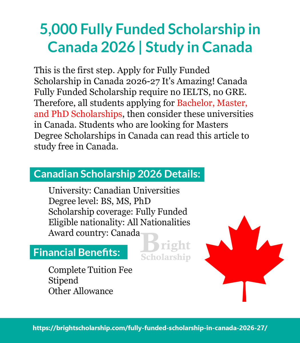 BrightSship's tweet photo. 5,000 Fully Funded Scholarship in Canada 2026-27 | Study in Canada
Degree level: BS, MS, PhD
Apply Link: https://t.co/kPQ9wGngem
#BrightScholarship #FullyFunded #Scholarship #Canada #Students #studyabroad #study #studyinCanada #BSinCanada #MastersinCanada #PhDinCanada https://t.co/tRg2NPy3fA