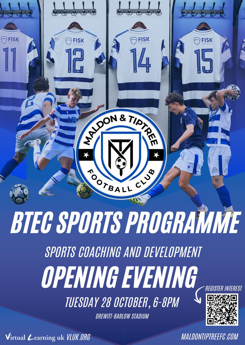 BTEC Sports Programme Open Evening 

We’re hosting our official open night on Tuesday 28th October, 6–8pm at the Drewitt-Barlow Stadium!
Come and find out how you can combine your education with elite football development at Maldon &amp; Tiptree FC. 
Register your interest by