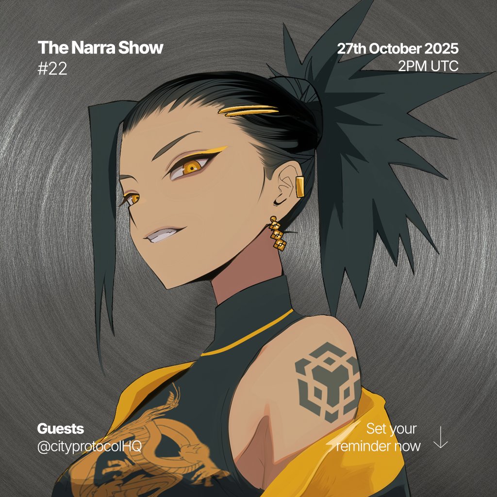 We're hot dropping into The Narra Show 🪂 Episode 22 is here, time to take your seats

Guest 🎙️
<a href="/cityprotocolHQ/">City Protocol</a> 

Our topic of discussion will be: Owning the Story: AI, IP, and the Rise of Tokenized Culture 🧬

⏰ 27th October '25 - 2PM UTC