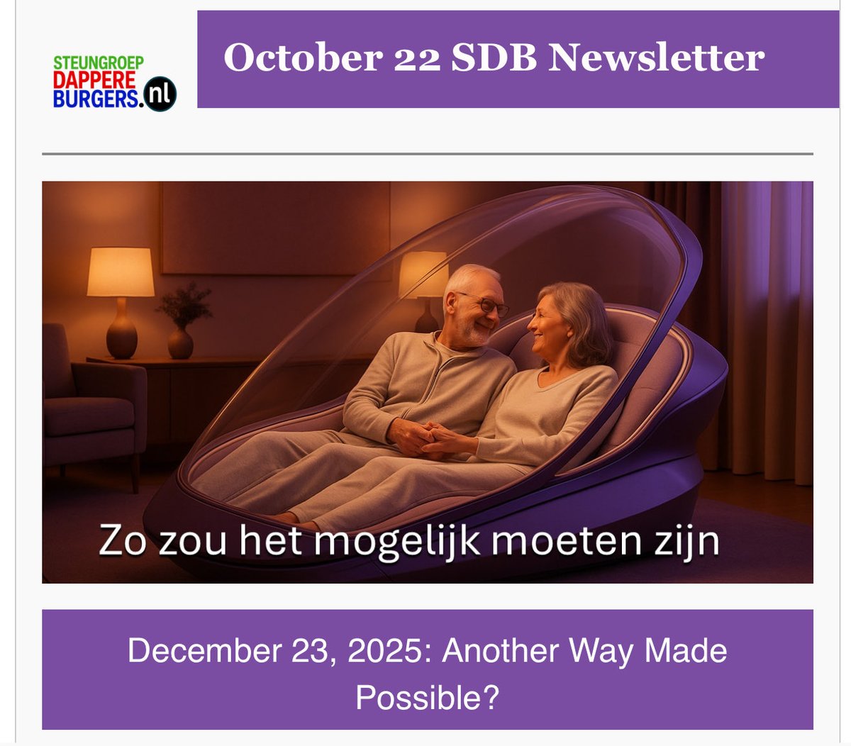 SarcoProject's tweet image. The Dutch court decision on the ‘Autonomous Route’ (where assistance to die is a right for rational adults, not just a medical privilege for the very sick) will be on Dec 23rd, and the important role Sarco will play in demedicalising the process..
steungroep.email-provider.eu/web/glt38g0maz…