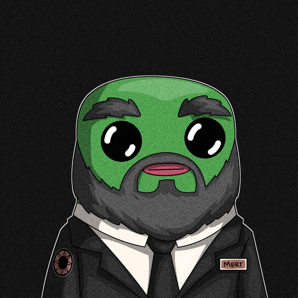 スーツ姿の緑色の宇宙人として描かれたMertのカートゥーン
