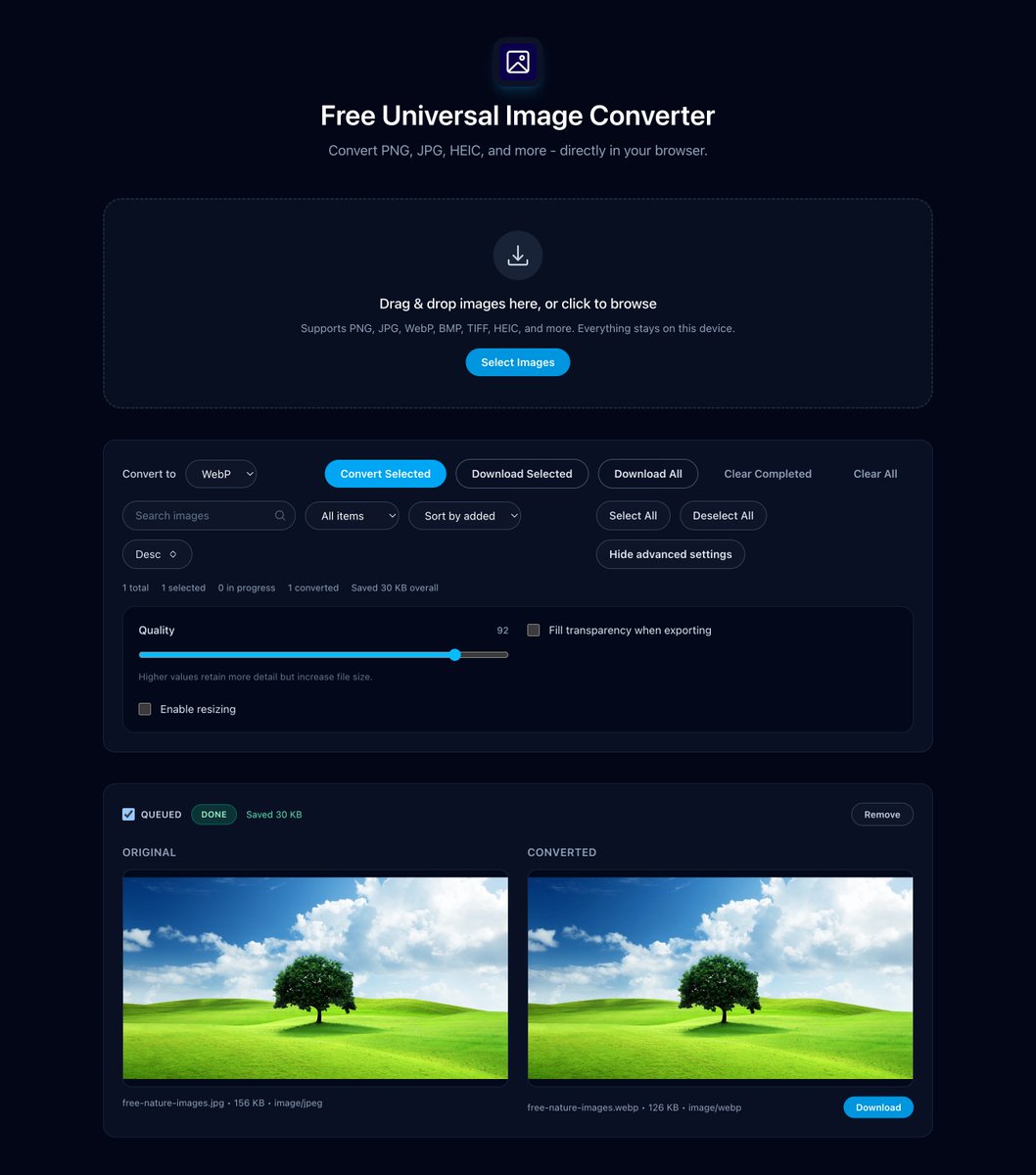 keshan_07's tweet image. 🔥 Just launched: ImgFlex - a free, browser-based image workstation
Convert any image format → any format (PNG, JPG, WEBP, TIFF & more)
⚡ 100% free & works fully in your browser - no uploads, no limits