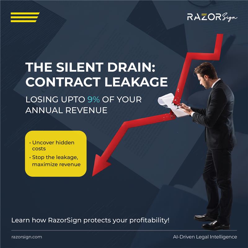 razorsignclm's tweet photo. The Hidden Cost of Contract Leakage — Up to 9% of Annual Revenue Lost.

Learn how RazorSign protects your profitability.

#RazorSign #LegalOps #AIinLegal #ContractManagement #RevenueLeakage #Compliance #Profitability https://t.co/Cpynywd3X7