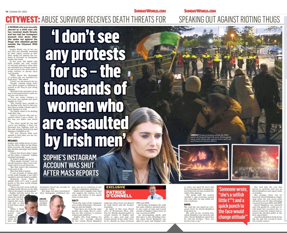Abuse survivor receives death threats for speaking out against rioting thugs. 

'I don't see any protests for us - the thousands of women who are assaulted by Irish men' 

<a href="/crimeworld_com/">Sunday World</a>
