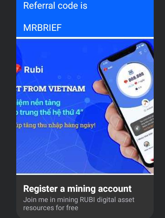 Mr_Brief_Case's tweet photo. RUBI is the next big thing in CRYPTO join now and earn money for free 
Download the app and register for free mining 
Use my invite code  MRBRIEF https://t.co/pbxlQJc09Y