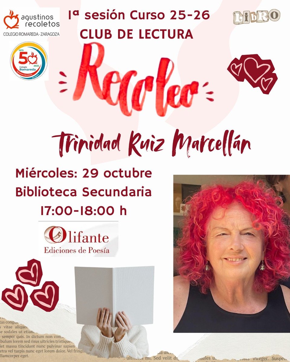 temporada  del club de lectura Recoleo con Trinidad Ruiz Marcellán a las 17:00 h en la Biblioteca de Secundaria del @colegio_romareda 
¡No te lo puedes perder!

#leer #leeresvivir #leeressoñar #lectura #clubdelectura #recoleo #lector #litetatura
