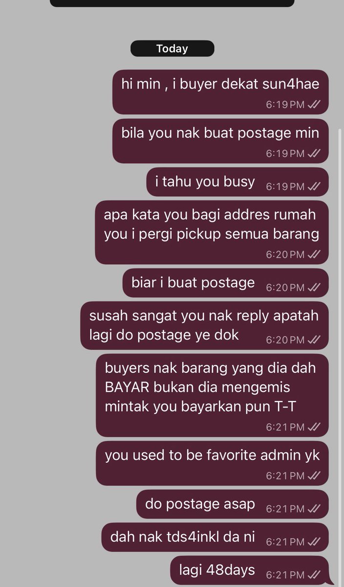 remremarklee's tweet photo. It’s been over a year and still no postage. We’ve paid, we’ve waited, we’ve trusted, but all we got was silence.

pic1 - today punya dekat wa 
pic2 - since august - today dia tak balas
pic3 - pov from other admin https://t.co/jfVFE76lap