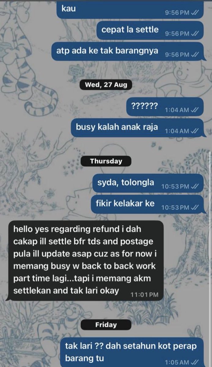 remremarklee's tweet photo. It’s been over a year and still no postage. We’ve paid, we’ve waited, we’ve trusted, but all we got was silence.

pic1 - today punya dekat wa 
pic2 - since august - today dia tak balas
pic3 - pov from other admin https://t.co/jfVFE76lap