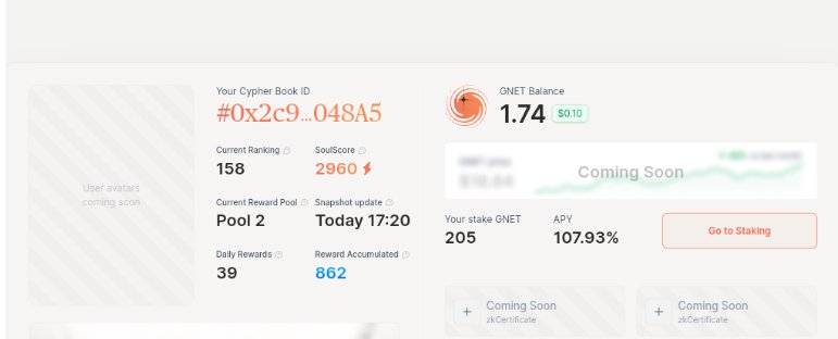 Assyauqii04's tweet image. Personal dashboard passport
⚡ SoulScore — measure your on-chain reputation
💎 Stake GNET 
📊 Real-time ranking &amp;amp; rewards
🎯 Auto rewards every snapshot

everything into one neat place, other features will appear soon
#GNET  @GalacticaNet @GNET_University