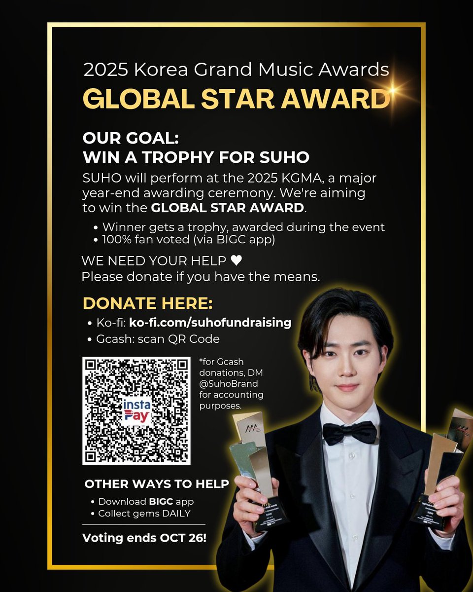 SUHOLOOK's tweet image. 2025 Korea Grand Music Awards
Global Star Award 🏆✨️
4 HOURS LEFT TO VOTE! 💪
Keep voting so we can give SUHO another trophy! ❤️
Current rank: 2ND ✨️
★ Vote: go.bigc.im/47j2pP8
★ Donate: ko-fi.com/suhofundraising 
#SUHO #수호