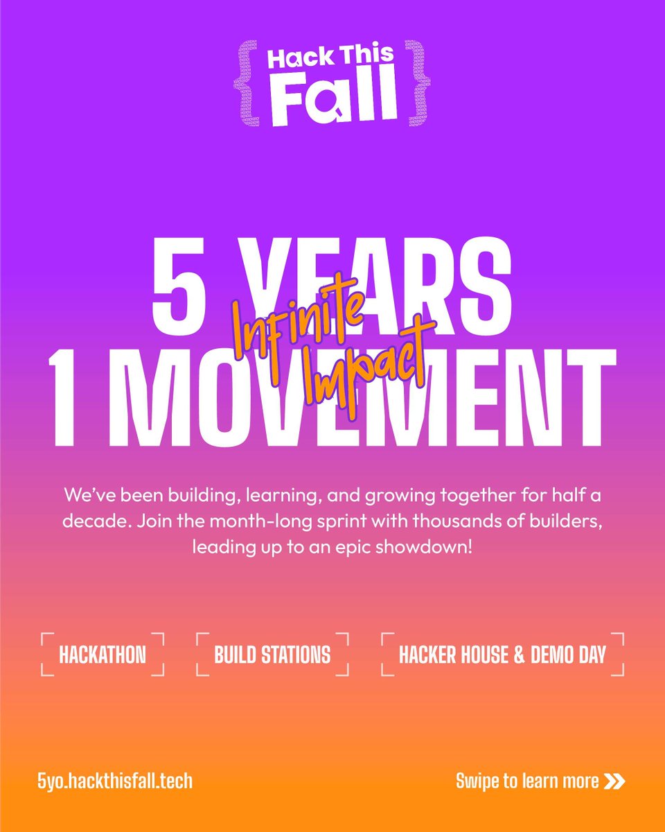 WeMakeDevs's tweet image. Hack This Fall(@hackthisfall) turns 5 🎉 — and they are bringing their biggest edition yet! 🚀 
We’re beyond excited to be a Community Partner for their milestone 2025 edition — a celebration of innovation, collaboration, and community. 
This year, they’re going bigger than…
