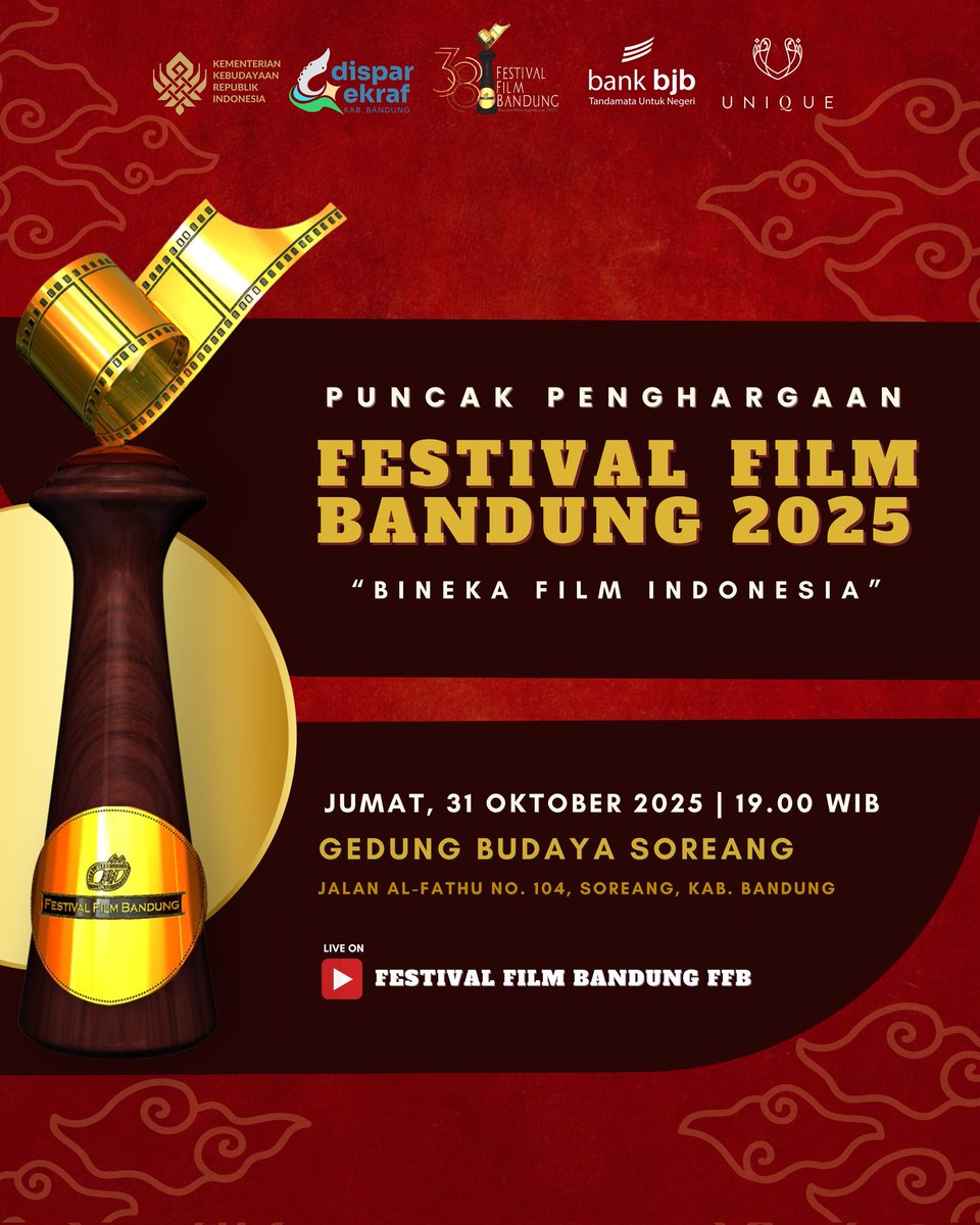 BISMILLAH!
Puncak Penghargaan FESTIVAL FILM BANDUNG 2025 akan diselenggarakan pada Jumat, 31 Oktober 2025 di Gedong Budaya Soreang.

17:30 WIB: undangan hadir
19:00 WIB: pintu ditutup
19:30 WIB: live on YouTube "Festival Film Bandung FFB"

Tiada kesan tanpa kehadiranmu 🙌🏻