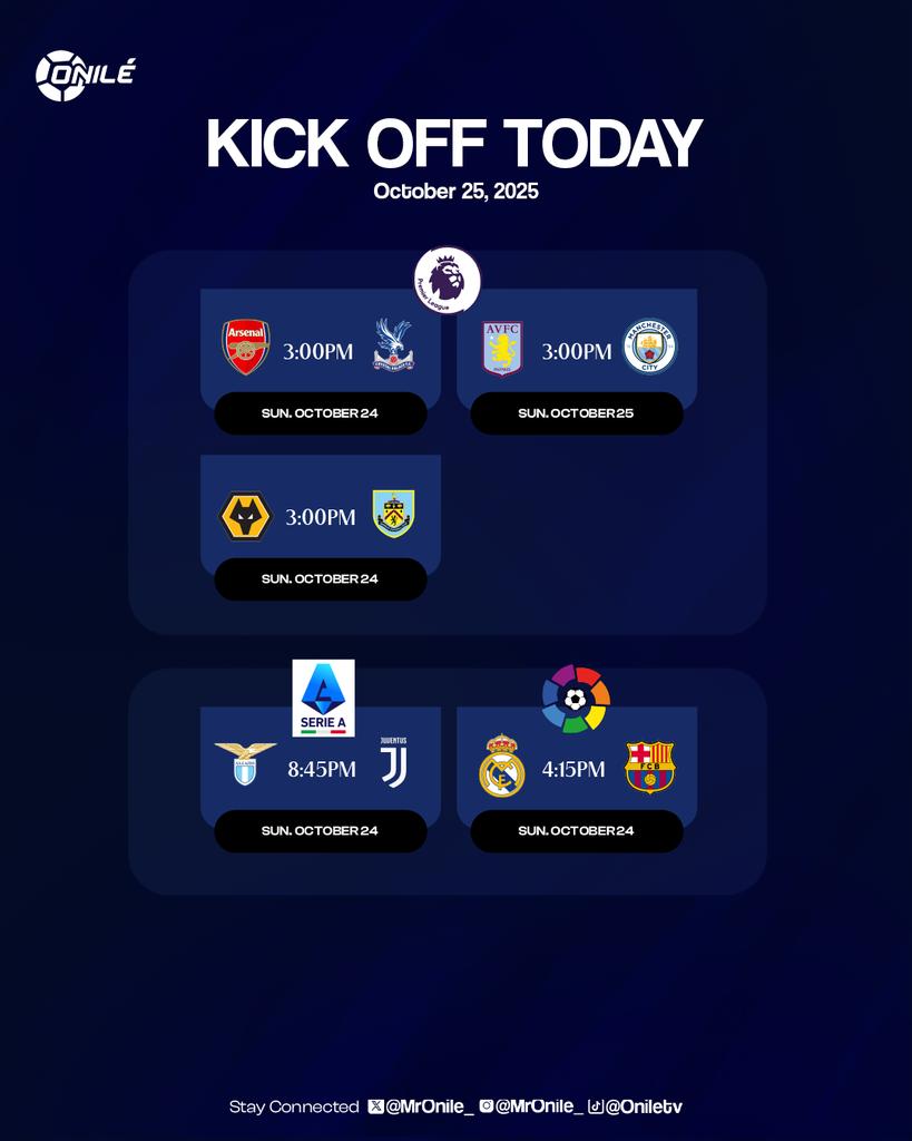 MrOnile_'s tweet image. TODAY'S KICK OFF 📺 📃 

The El-classico headlines today's top games to watch out for 👏 

#Onile #Elclassico #Laliga #Premierleague #SerieA