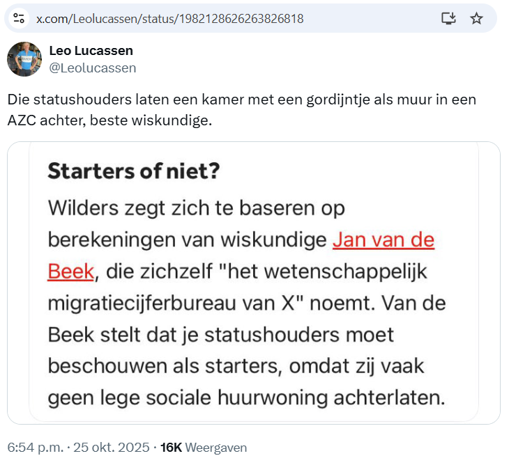 Krijg ik eindelijk eens gelijk van @LeoLucassen; ook hij erkent dat statushouders geen woning achterlaten.
Statushouders laten een kamer in een AZC (of andere nood- of tussenvoorziening) achter en daarom zijn ze STARTER op de sociale huurmarkt.
CBS beweert iets anders, Leo, maar