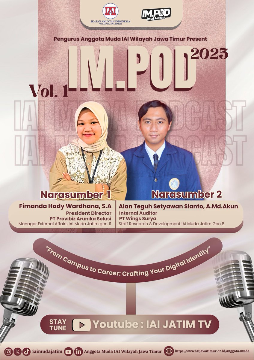 IM.POD 2025 bakalan hadir nih! kali ini, di IM.POD 2025 kita akan membahas tema ”From Campus to Career: Crafting Your Digital Identity”

Staytune ya!✨
Youtube : IAI JATIM TV

#IAIMUDAJAWATIMUR
#MUDABERANIBERINTEGRITAS