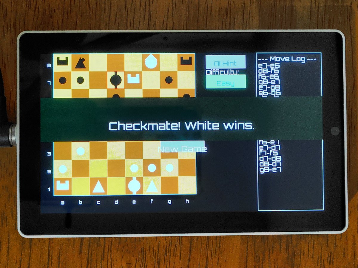drunk_man_101's tweet image. #M5Stack 古いプログラムを修正しようとしたがGemini CLIさんに「人が作成したプログラムは良くわからん!」と言われ断念し新規に作成。タッチパネルで移動元の駒をタッチし移動先を指定。その時にAI機能で駒が移動できる先を表示。チェスの基本機能は既に実装済み。後は見た目の改善に注力です。🙂