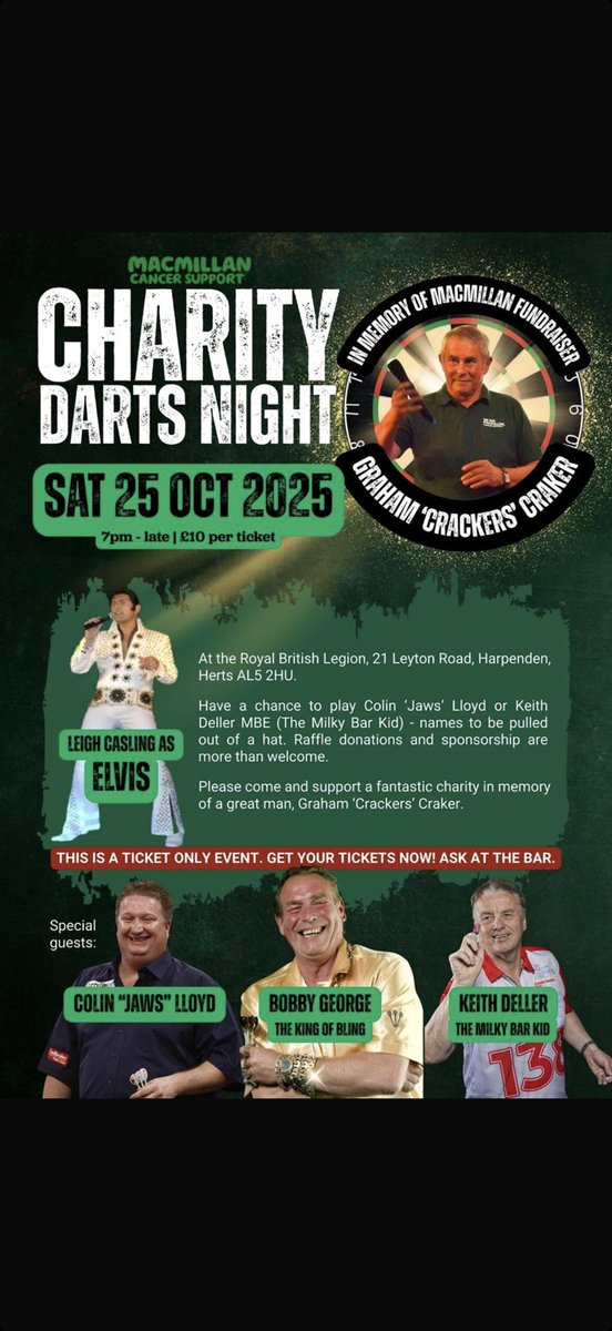 What a fantastic night. ⁦<a href="/BobbyGeorge180/">Bobby George</a>⁩ ⁦<a href="/ColinJawsLloyd/">ColinJawsLloyd</a>⁩ and myself would like to Gary Ewington for a great event  in memory of Graham Crackers Craker To 250 who supported And raised £5,000 for ⁦<a href="/macmillancancer/">Macmillan Cancer Support</a>⁩ and finally to Leigh for a great Elvis show