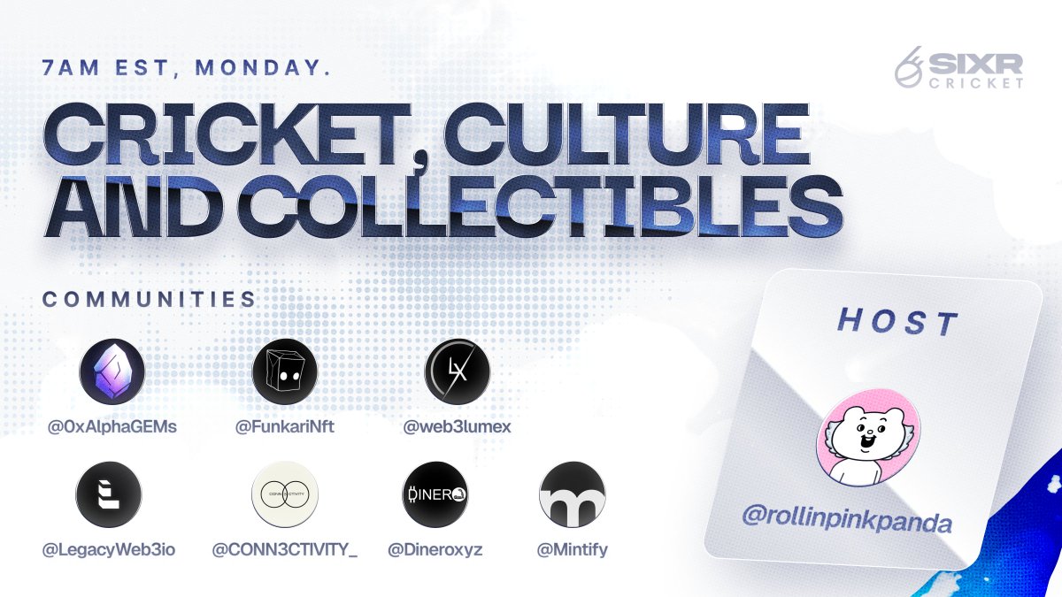 Cricket. Culture. Collectibles. 

We’re hosting our cross-community X Space with
<a href="/FunkariNft/">Funkari</a>, <a href="/Mintify/">Mintify</a>, <a href="/0xAlphaGEMs/">Alpha GEMS</a>, <a href="/LegacyWeb3io/">Legacy Web3</a>, <a href="/CONN3CTIVITY_/">CONN3CTIVITY</a>, <a href="/web3lumex/">Lumex</a> , <a href="/Dineroxyz/">DINERO🦾</a>.

📅 27 Oct · 7 AM EST

Set your reminder below, you don’t want to miss this.