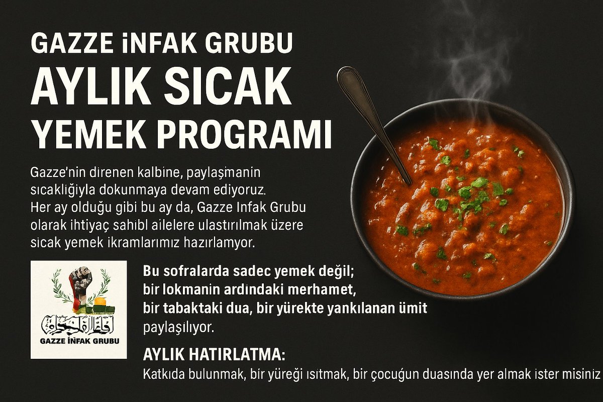 Ferdi_Karabasan's tweet image. 🌙 Gazze İnfak Grubu | Aylık Sıcak Yemek Programı 🍲
Gazze’nin direnen kalbine, paylaşmanın sıcaklığıyla dokunmaya devam ediyoruz.
Her ay olduğu gibi bu ay da, Gazze İnfak Grubu olarak ihtiyaç sahibi ailelere ulaştırılmak üzere sıcak yemek ikramlarımız hazırlanıyor.
Bu…