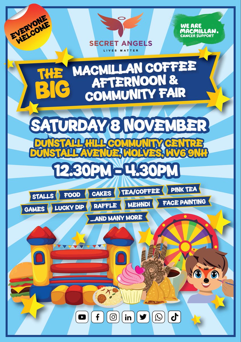 ☕ The BIG Macmillan Coffee &amp; Community Fair 💚
 Sat 8 Nov 2025 | 12.30–4.30PM
 📍 Dunstall Hill Community Centre, WV6 9NH
 Hosted by Secret Angels 🌸
 Stalls, food, cakes, chai, games, raffle &amp; more!
 Book your stall now!
 #MacmillanCoffeeAfternoon #Wolverhampton