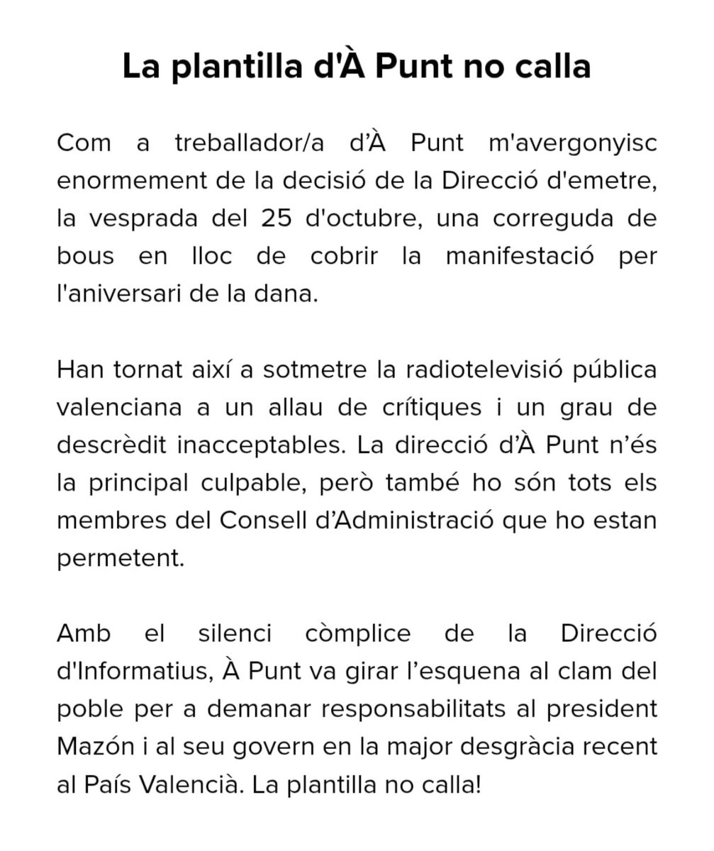 Tot i que ara mateix no estic treballant en À Punt, m'apropie d'esta reivindicació pels anys de lluita i estima a una RTV pública que deu ser de totes i tots. Alabe la valentia de les companyes i companys que alcen la veu.
#LaPlantilladÀPNoCalla