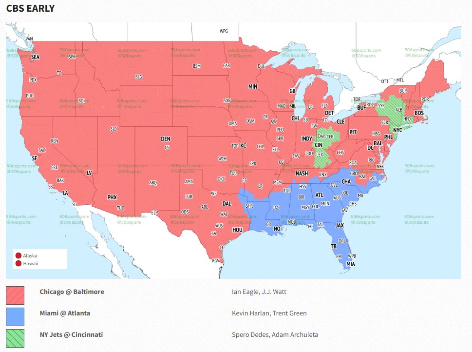 JakeAKline's tweet image. #NFL #Week8 TV maps. The #CBS doubleheader for most is #Bears-#Ravens followed by #Cowboys-#Broncos. #Fox's main game is #Giants-#Eagles; #49ers-#Texans is prominent out west. No early morning game but 6 teams have their bye. H/t @506sports. #CHIvsBAL #DALvsDEN #NYGvsPHI #SFvsHOU