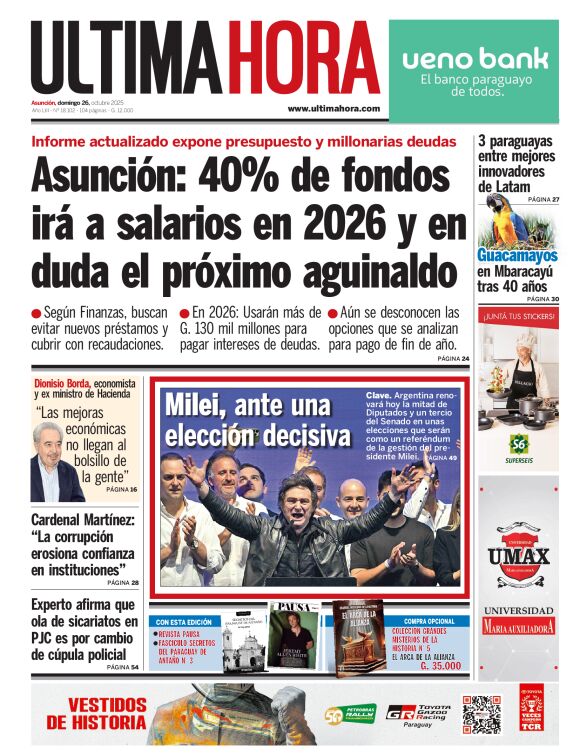 UltimaHoracom's tweet image. ¡Buenos días! Esta es la #TapaÚH y contratapa con los títulos principales.
📲 Lea las noticias en: ultimahora.com
📰 Más noticias de la edición impresa: editorial.elpais.com.py/elpais/newssta…
🟢 Recibí las noticias: whatsapp.com/channel/0029Va…