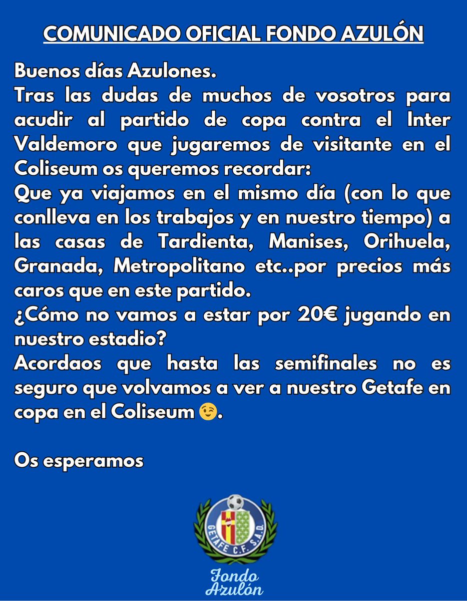 ¡ Azulones tras la resaca liguera de ayer ahora toca la Copa que tanto nos gusta !
¡ No te quedes en casa y acompaña al equipo !
Os esperamos.