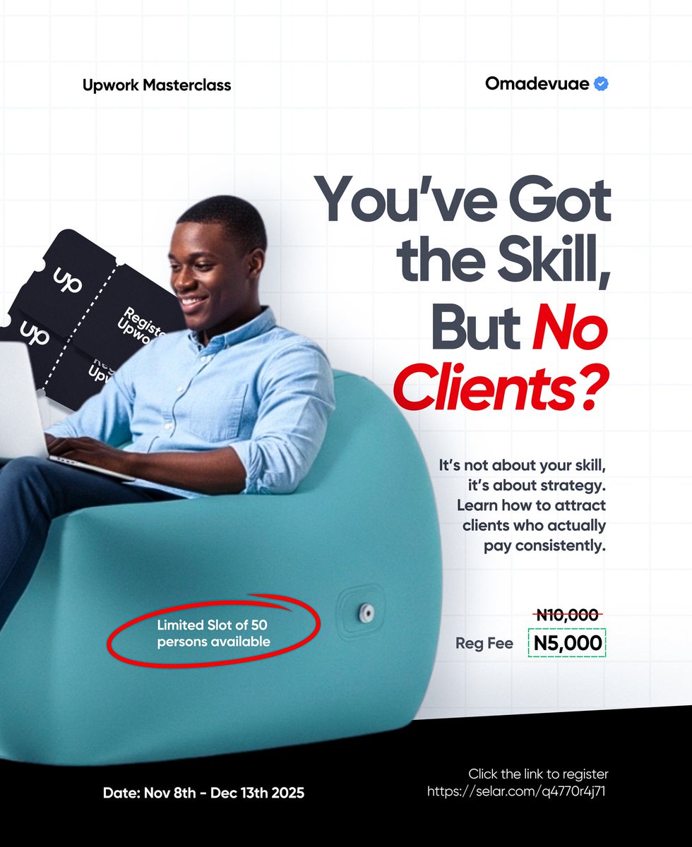 delveroin's tweet image. You’ve got the skill.
You’ve done the work.
But no clients. No replies. No growth.

Here’s the truth, getting clients on Upwork isn’t just about skill, it’s about strategy.

I struggled before I figured out how to:
✅ Write proposals that actually get replies
✅ Build a profile…