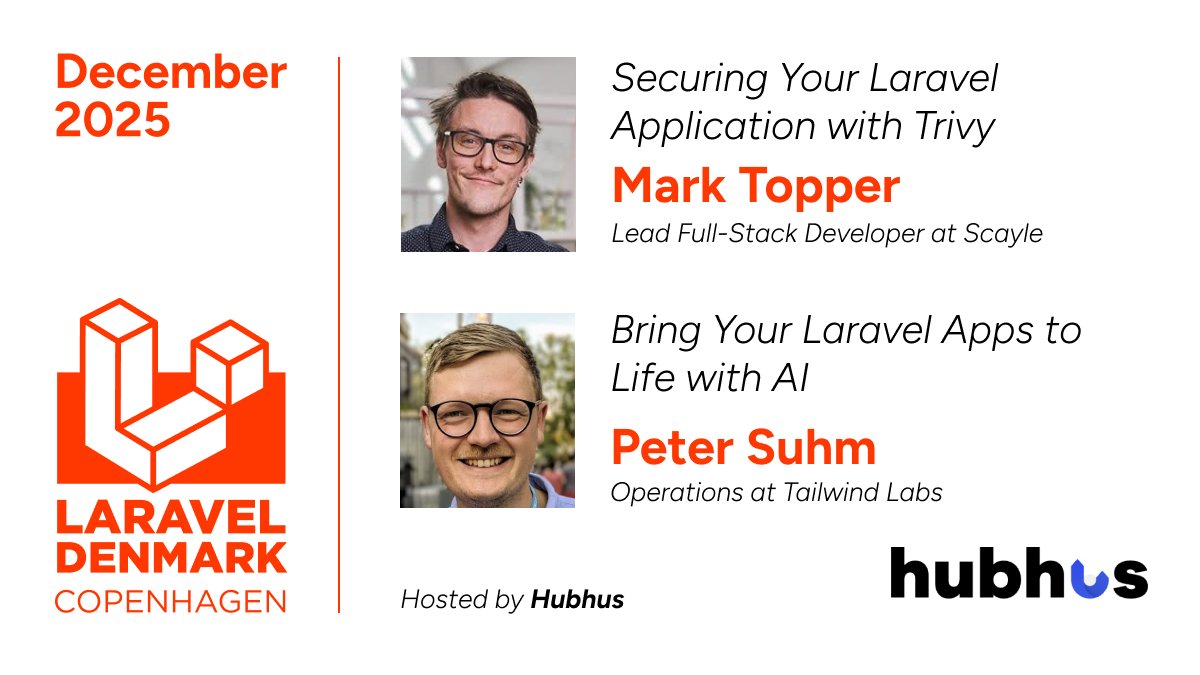 laraveldenmark's tweet image. Speakers at Laravel Meetup Copenhagen December meetup announced!
Securing Your Laravel Application with Trivy 
with @webmanio / SCAYLE Commerce Engine
Bring You Laravel Aps to Life with AI
with @petersuhm / Operations at Tailwind Labs
See meetup.com/laravel-cph/ev…