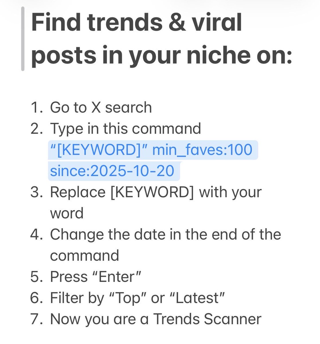 AmirMushich's tweet image. This command will find you viral posts & trends in your niche: 
It finds you trending posts (100+ likes) on your keywords from the desired period. 
Here’s how it works & why it’s gold for you! 🧵👇 
Save this right now - this is a game changer for your X game!