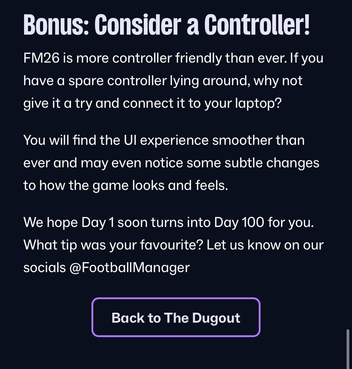 Many people in the FM community:

“It feels like the UI has been designed for console”

Miles via <a href="/TheFMShowPod/">The FM Show</a>:

“When we were approaching the UI we wanted something universal. And by universal, I mean universal for PC players”

Also SI:

“Consider a controller” 🤦

#FM26