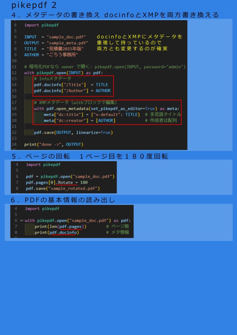 Goro_bizaid's tweet image. pikepdfは、注目のPDF編集ライブラリ
PDF編集機能が一通り使える
暗号化、圧縮、最適化も可能
#python #pikepdf