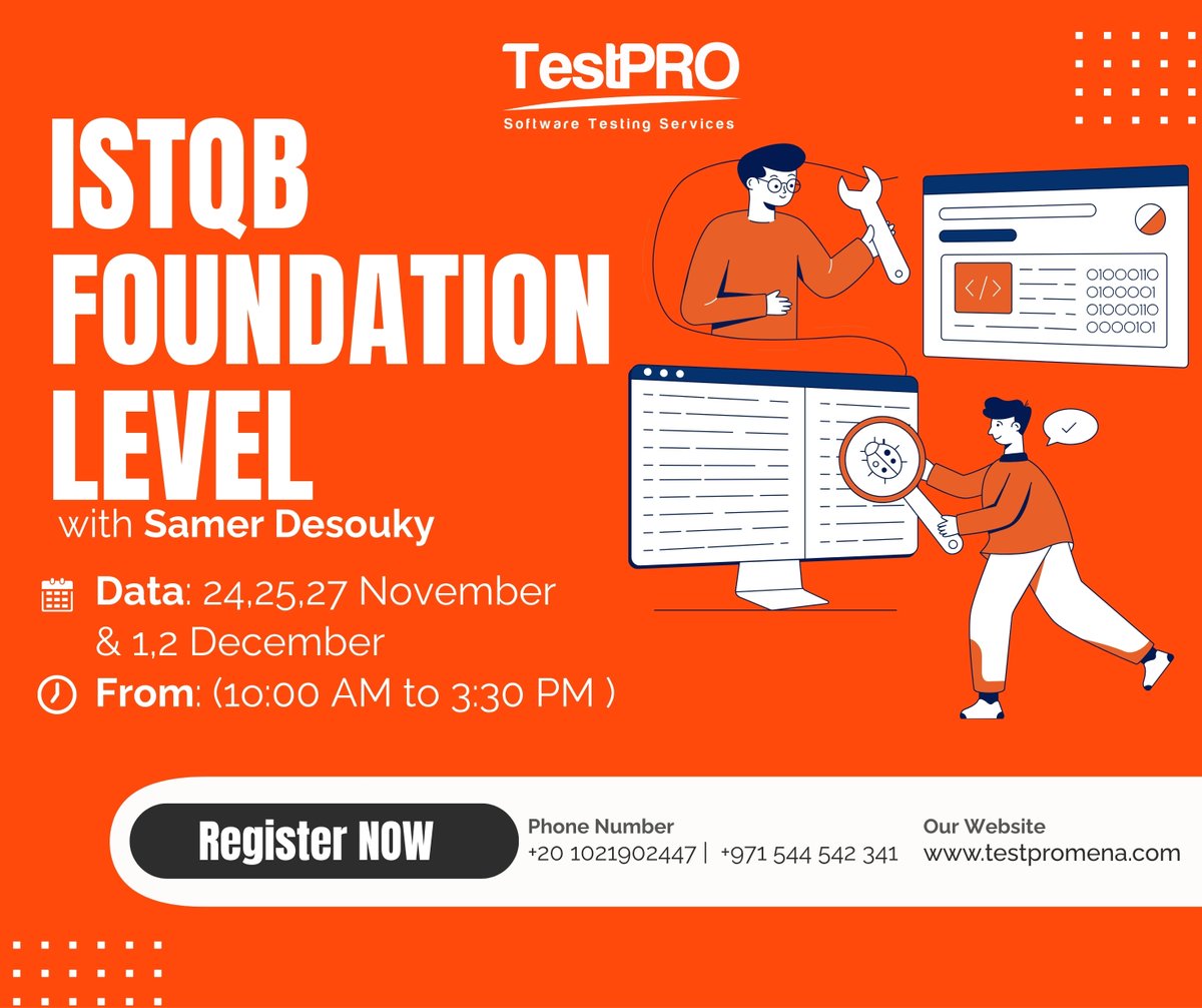 testproeg's tweet image. 🎓 ISTQB Foundation Level Course with Samer Desouky
Join our upcoming ISTQB Foundation Level (CTFL) course 
 24, 25, 27 Nov & 1, 2 Dec
 10:00 AM – 3:30 PM
testproeg.com/register-now/
testpromena.com/software-testi…
#ISTQB #SoftwareTesting #TestPRO  #TestingTraining