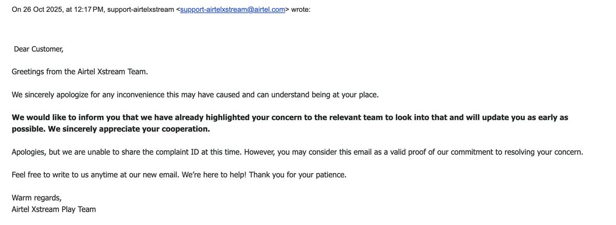 Hello, <a href="/airtelindia/">airtel India</a> <a href="/Airtel_Presence/">Airtel Cares</a>, Its been over 30 hours now, &amp; the complaint has not even moved an inch. Neither I m getting any complaint number from customer care nor any definite timeline for resolving this issue.  Allowing you 2 hours to resolve before I escalate further