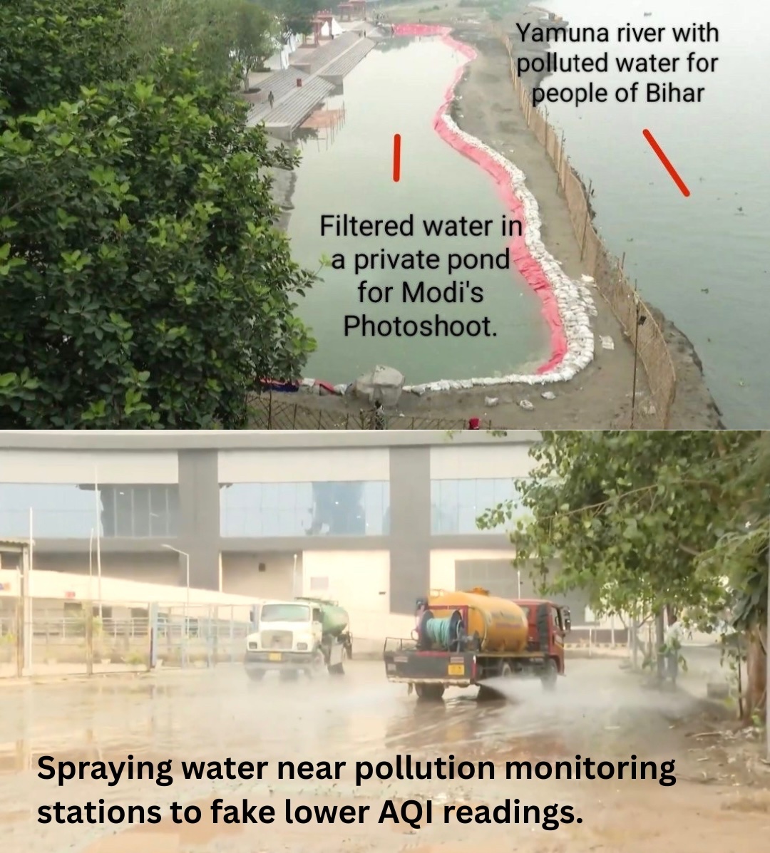 BJP builds a private pond with filtered water for Modi’s photoshoot - while the Yamuna water stays toxic.

Spraying water near pollution monitoring stations to fake lower AQI readings.

Same old script.

#ModiExposedOnYamuna