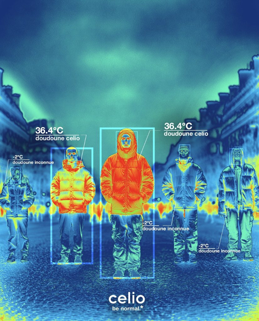 Cette publicité illustrée par une image thermique montre que les doudounes <a href="/celio/">celio be normal</a> laissent passer la chaleur corporelle (36,4 °C visibles sur la caméra thermique) alors qu’une doudoune vraiment isolante devrait justement empêcher la fuite de chaleur vers l’extérieur 🧥❄️ !?