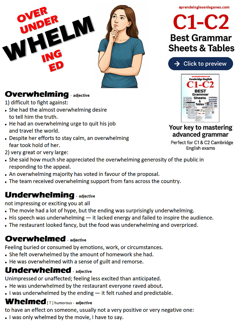 FCECAEmbridge's tweet image. 📚 Download the full sheet here: aprendeinglesenleganes.com/whelm.php
“Overwhelmed” ≠ “underwhelmed” — but both share the same root!
Learn how whelm connects them and what each really means in English.
#c1advanced #c2proficiency #cambridgeenglish