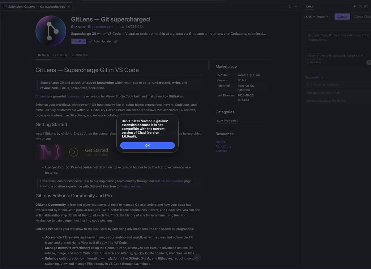 devso_the_coder's tweet image. Tried giving  Chad a shot today… but it literally told me:
“Can’t install eamodio.gitlens because it’s not compatible with this version of Chad (1.0.0-null)” 😭
Even the most popular Git extension doesn’t vibe with Chad yet
@zzzbuggg — looks like Chad needs some Git therapy 😅