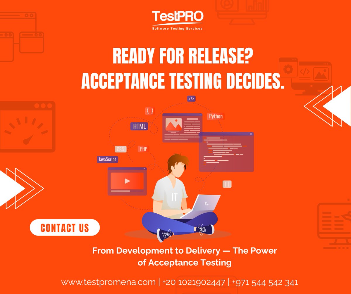 testproeg's tweet image. Acceptance Testing is the final step that confirms your product meets business goals and delivers a flawless user experience. 
 testpromena.com/testing-servic…
 testpromena.com/contact/
+971 54 454 2341
 +20 102 190 2447
 #SoftwareTesting #TestPRO #TechTesting